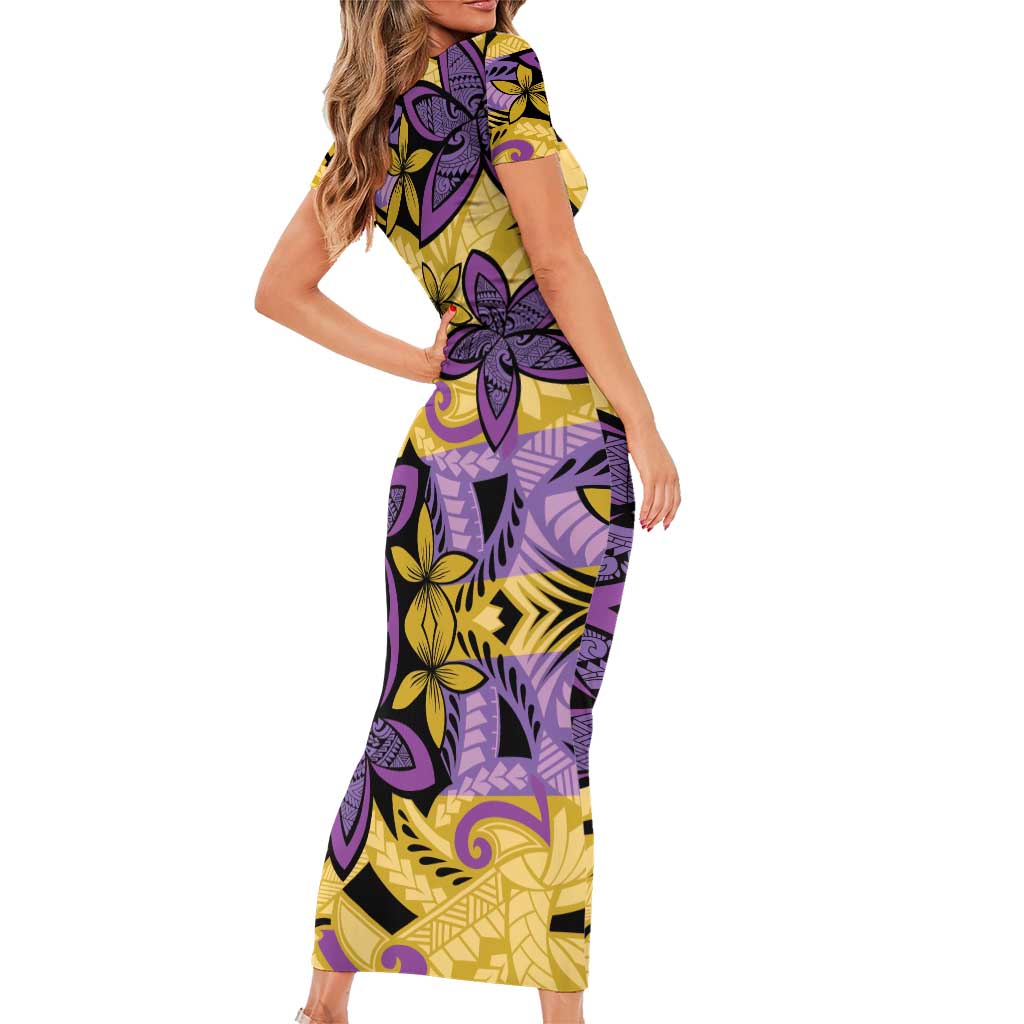Plumeria Polynesian Pattern Short Sleeve Bodycon Dress Unique Fantasy Yellow Purple