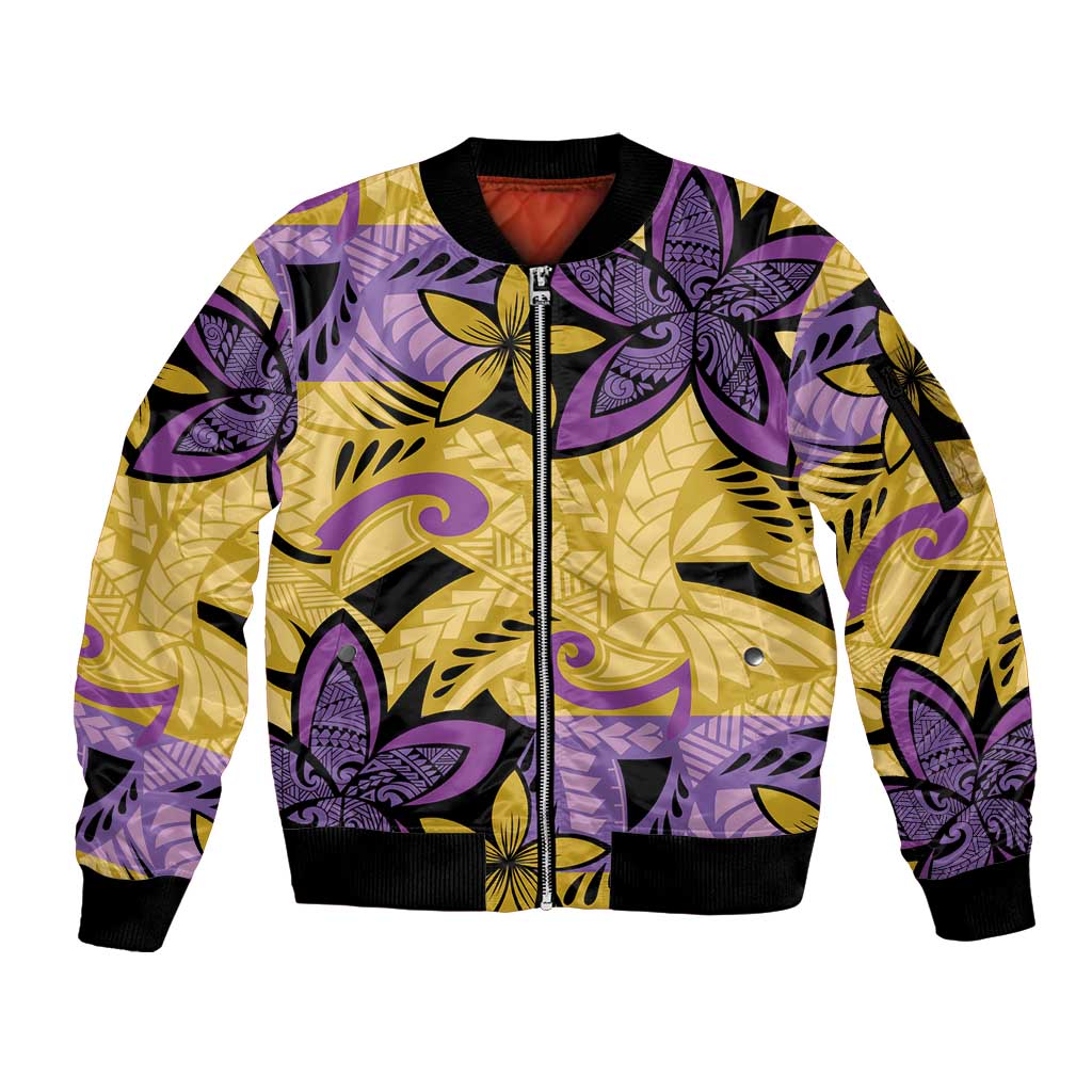 Plumeria Polynesian Pattern Sleeve Zip Bomber Jacket Unique Fantasy Yellow Purple LT01 Unisex Yellow - Polynesian Pride
