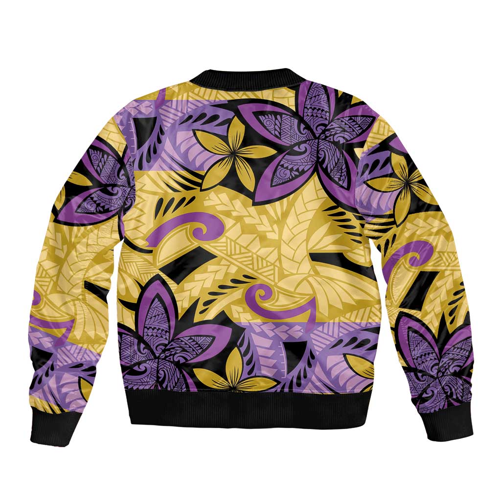 Plumeria Polynesian Pattern Sleeve Zip Bomber Jacket Unique Fantasy Yellow Purple