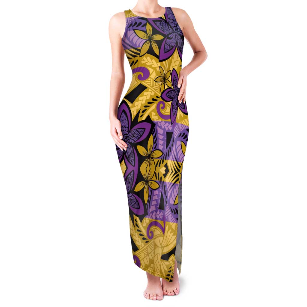 Plumeria Polynesian Pattern Tank Maxi Dress Unique Fantasy Yellow Purple