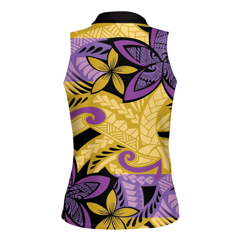 Plumeria Polynesian Pattern Women Sleeveless Polo Shirt Unique Fantasy Yellow Purple