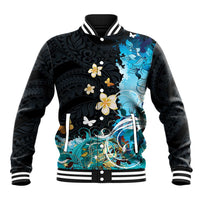 Blue Grunge Polynesian Pattern Baseball Jacket Plumeria Floral