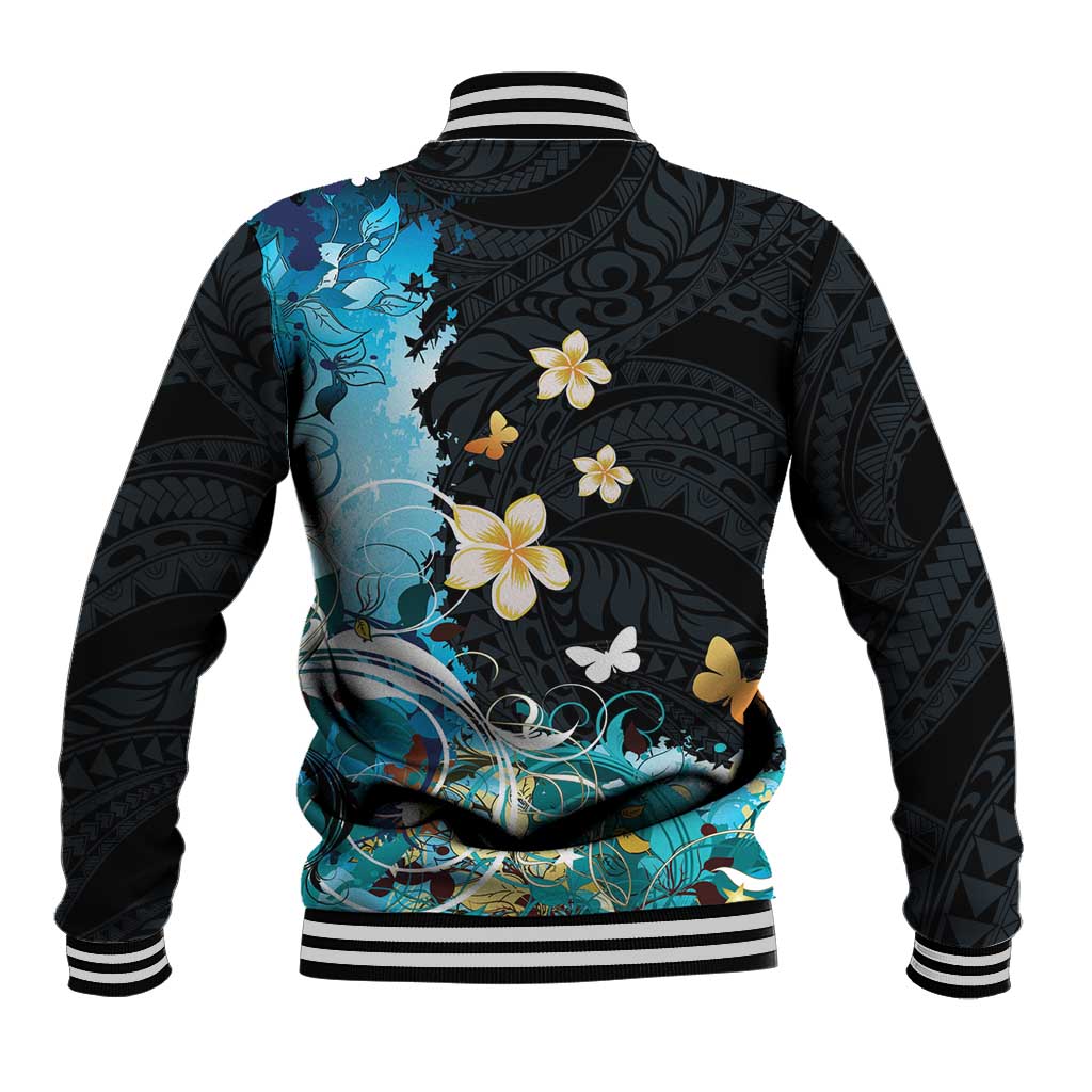 Blue Grunge Polynesian Pattern Baseball Jacket Plumeria Floral