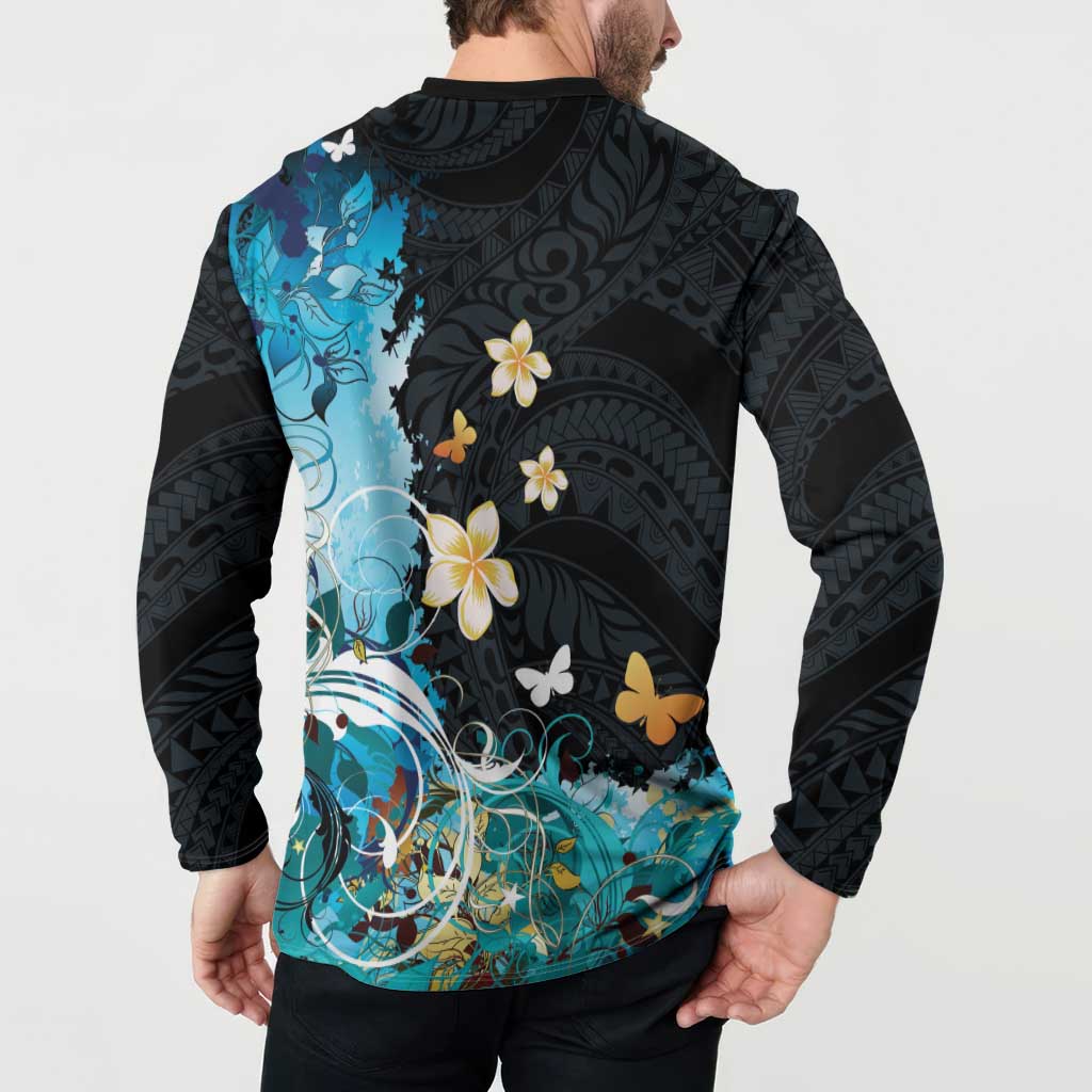 Blue Grunge Polynesian Pattern Button Sweatshirt Plumeria Floral
