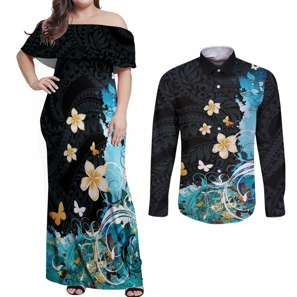 Blue Grunge Polynesian Pattern Couples Matching Off Shoulder Maxi Dress and Long Sleeve Button Shirt Plumeria Floral