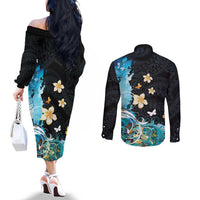 Blue Grunge Polynesian Pattern Couples Matching Off The Shoulder Long Sleeve Dress and Long Sleeve Button Shirt Plumeria Floral