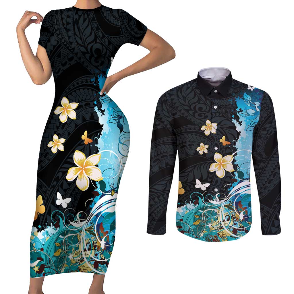 Blue Grunge Polynesian Pattern Couples Matching Short Sleeve Bodycon Dress and Long Sleeve Button Shirt Plumeria Floral
