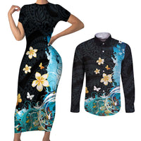 Blue Grunge Polynesian Pattern Couples Matching Short Sleeve Bodycon Dress and Long Sleeve Button Shirt Plumeria Floral