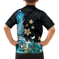 Blue Grunge Polynesian Pattern Family Matching Long Sleeve Bodycon Dress and Hawaiian Shirt Plumeria Floral LT01 - Polynesian Pride