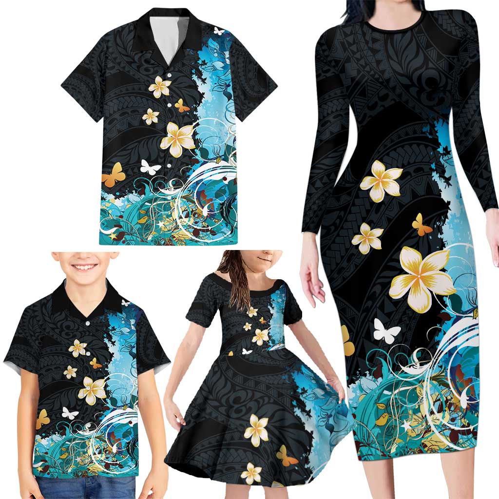 Blue Grunge Polynesian Pattern Family Matching Long Sleeve Bodycon Dress and Hawaiian Shirt Plumeria Floral LT01 - Polynesian Pride