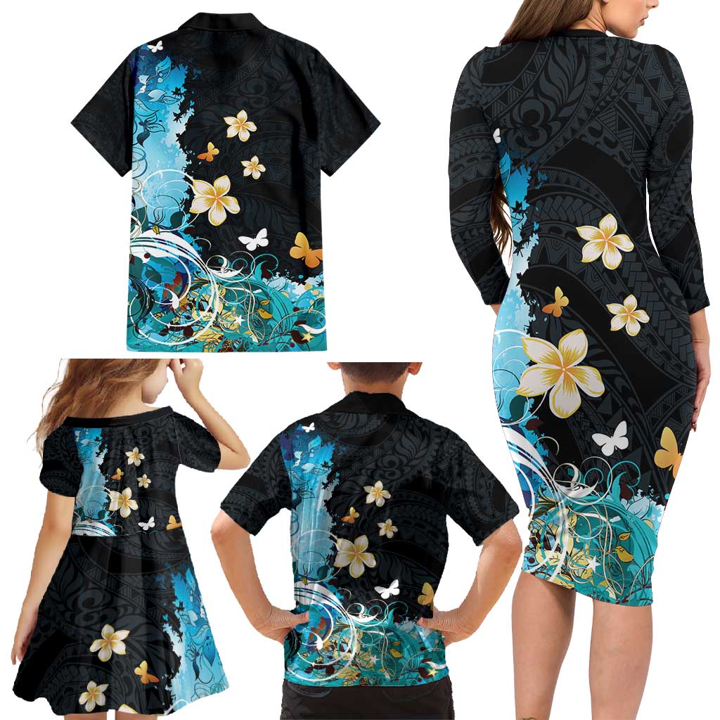 Blue Grunge Polynesian Pattern Family Matching Long Sleeve Bodycon Dress and Hawaiian Shirt Plumeria Floral LT01 - Polynesian Pride