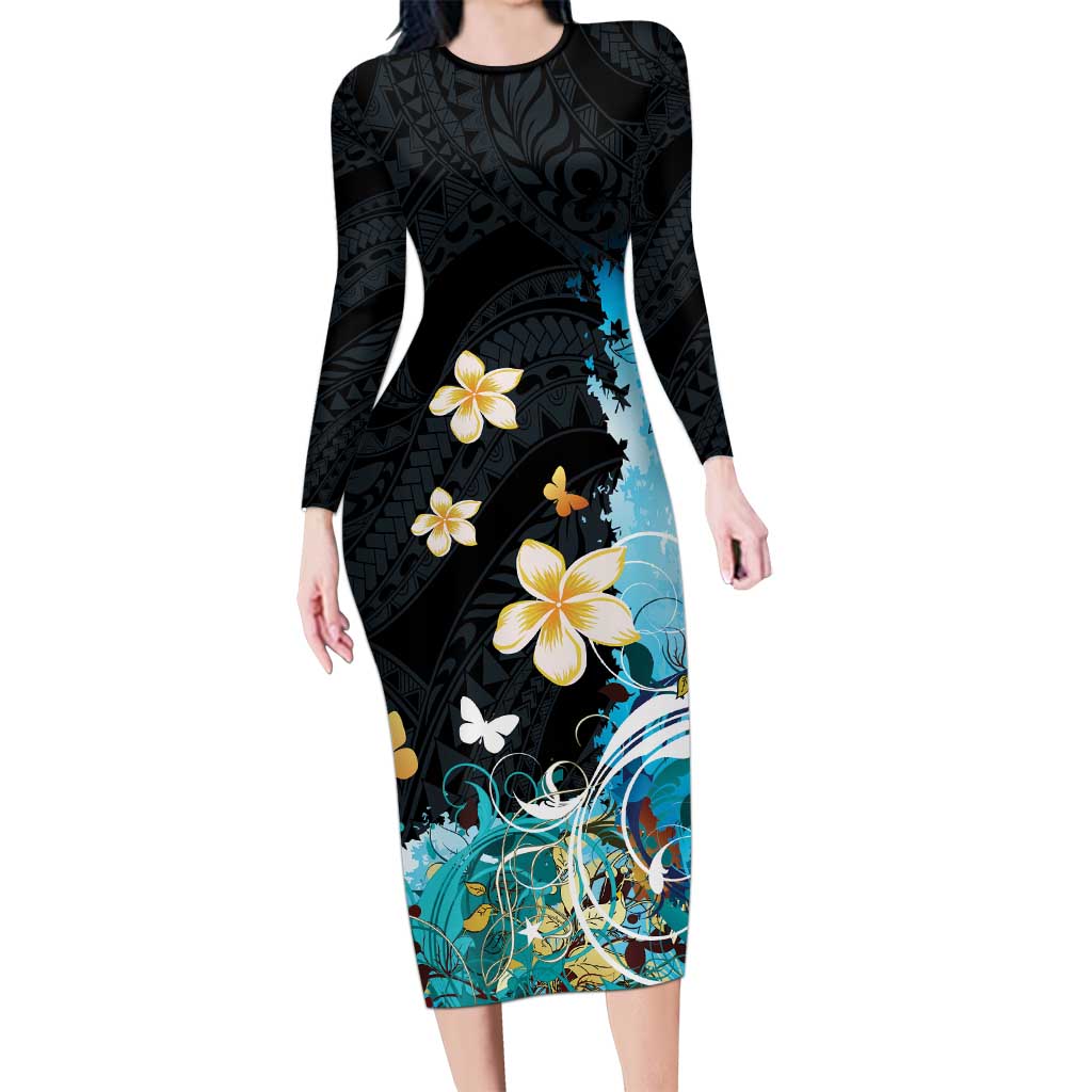 Blue Grunge Polynesian Pattern Family Matching Long Sleeve Bodycon Dress and Hawaiian Shirt Plumeria Floral LT01 Mom's Dress Blue - Polynesian Pride