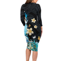 Blue Grunge Polynesian Pattern Family Matching Long Sleeve Bodycon Dress and Hawaiian Shirt Plumeria Floral LT01 - Polynesian Pride