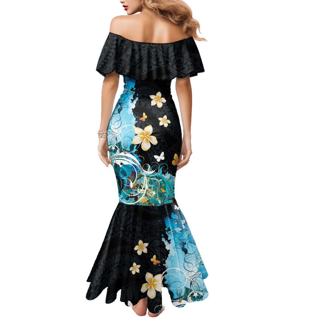Blue Grunge Polynesian Pattern Family Matching Mermaid Dress and Hawaiian Shirt Plumeria Floral
