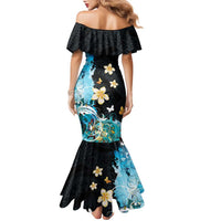 Blue Grunge Polynesian Pattern Family Matching Mermaid Dress and Hawaiian Shirt Plumeria Floral
