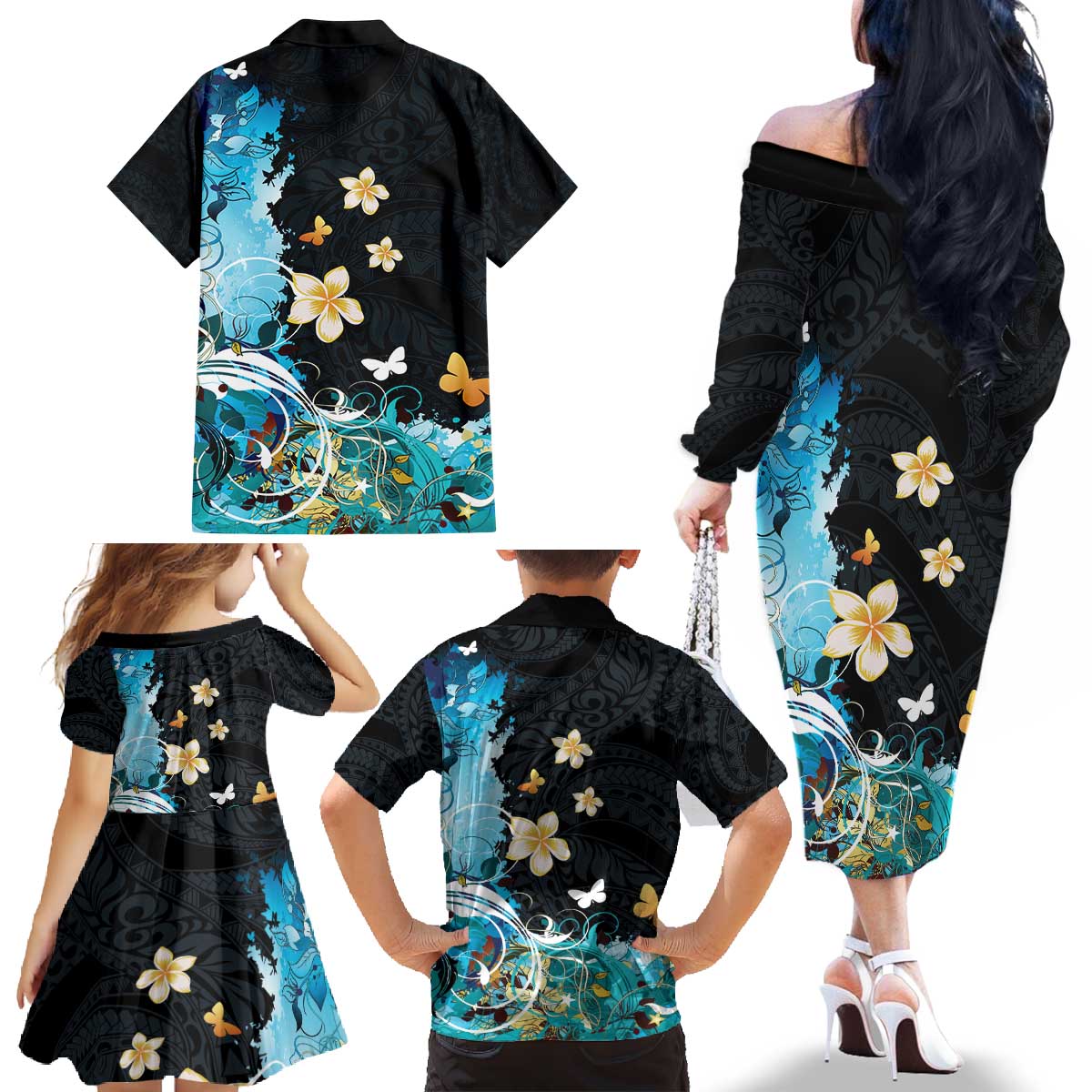 Blue Grunge Polynesian Pattern Family Matching Off The Shoulder Long Sleeve Dress and Hawaiian Shirt Plumeria Floral LT01 - Polynesian Pride