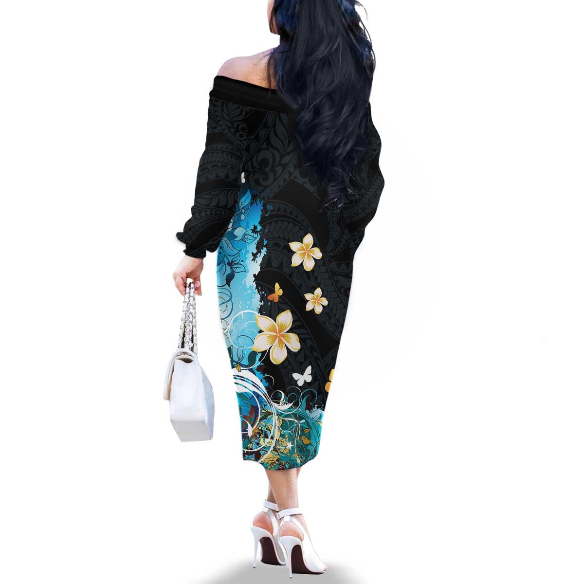 Blue Grunge Polynesian Pattern Family Matching Off The Shoulder Long Sleeve Dress and Hawaiian Shirt Plumeria Floral LT01 - Polynesian Pride