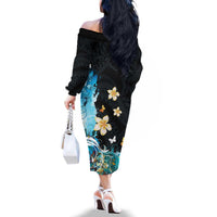 Blue Grunge Polynesian Pattern Family Matching Off The Shoulder Long Sleeve Dress and Hawaiian Shirt Plumeria Floral LT01 - Polynesian Pride