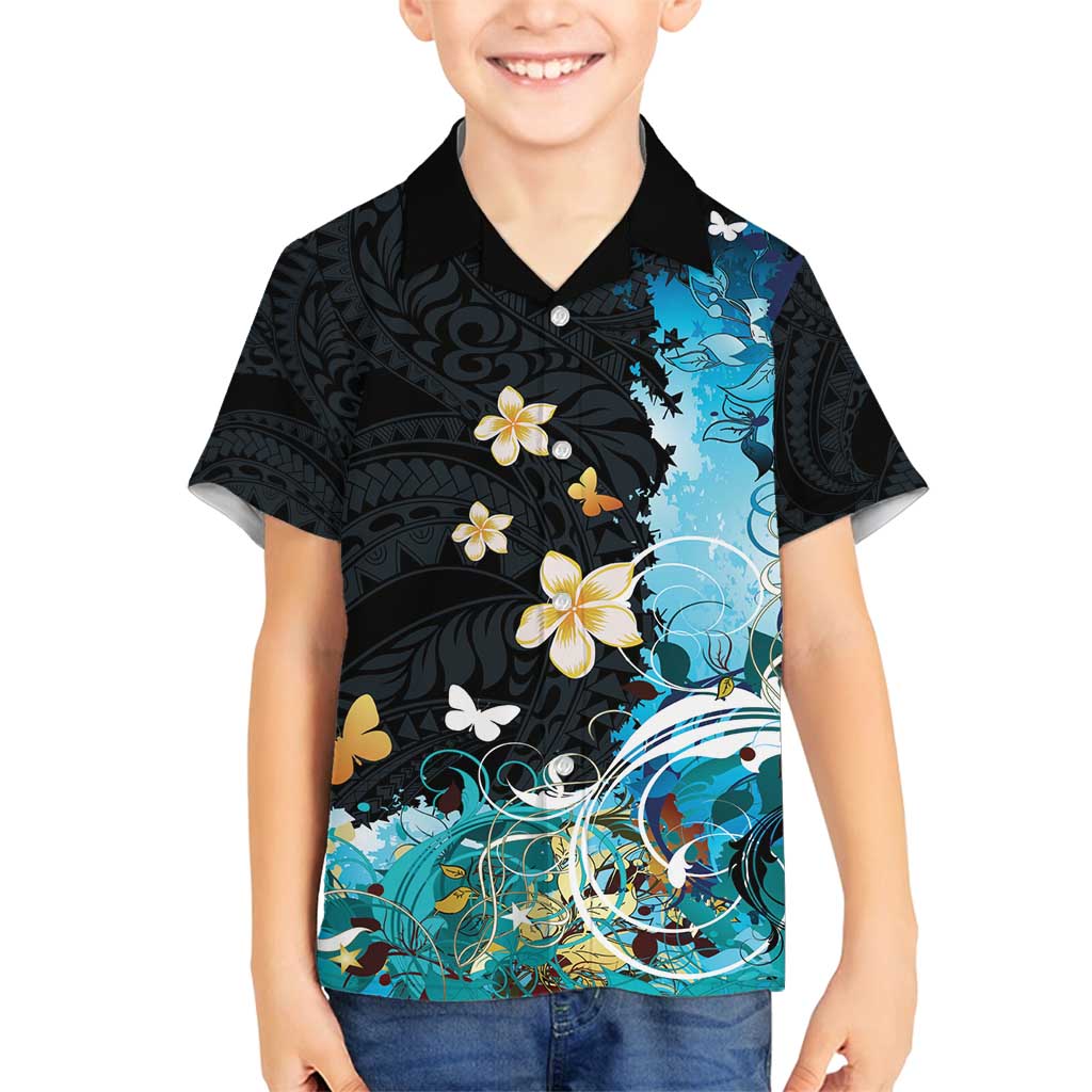 Blue Grunge Polynesian Pattern Family Matching Off Shoulder Maxi Dress and Hawaiian Shirt Plumeria Floral