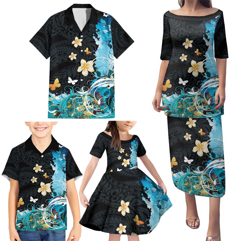 Blue Grunge Polynesian Pattern Family Matching Puletasi and Hawaiian Shirt Plumeria Floral LT01 - Polynesian Pride
