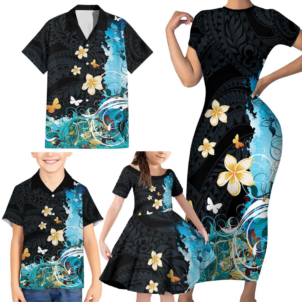 Blue Grunge Polynesian Pattern Family Matching Short Sleeve Bodycon Dress and Hawaiian Shirt Plumeria Floral LT01 - Polynesian Pride