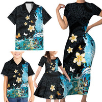 Blue Grunge Polynesian Pattern Family Matching Short Sleeve Bodycon Dress and Hawaiian Shirt Plumeria Floral LT01 - Polynesian Pride