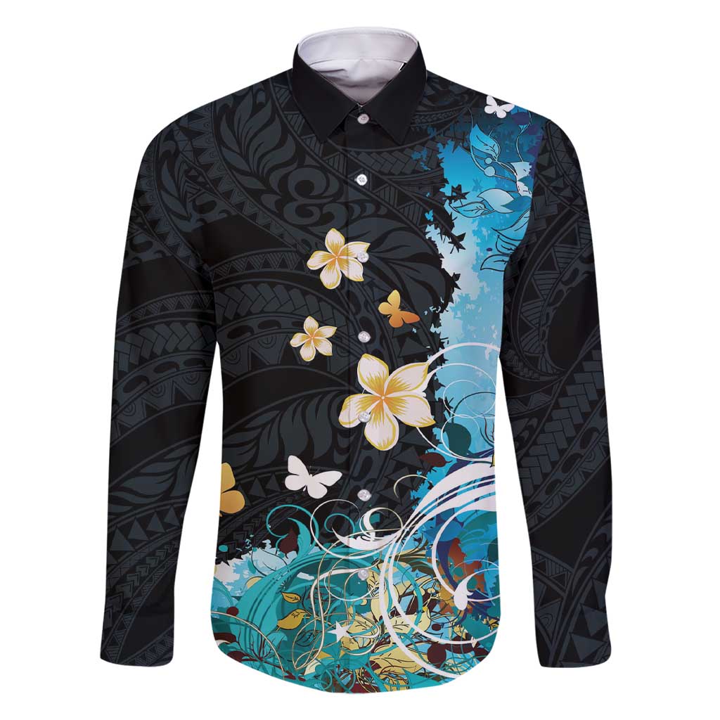 Blue Grunge Polynesian Pattern Family Matching Short Sleeve Bodycon Dress and Hawaiian Shirt Plumeria Floral LT01 Dad's Shirt - Long Sleeve Blue - Polynesian Pride
