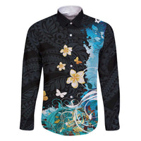 Blue Grunge Polynesian Pattern Family Matching Short Sleeve Bodycon Dress and Hawaiian Shirt Plumeria Floral LT01 Dad's Shirt - Long Sleeve Blue - Polynesian Pride