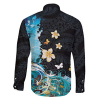 Blue Grunge Polynesian Pattern Family Matching Short Sleeve Bodycon Dress and Hawaiian Shirt Plumeria Floral LT01 - Polynesian Pride