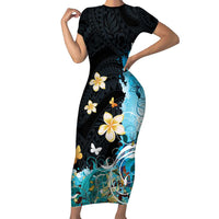 Blue Grunge Polynesian Pattern Family Matching Short Sleeve Bodycon Dress and Hawaiian Shirt Plumeria Floral LT01 Mom's Dress Blue - Polynesian Pride