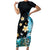 Blue Grunge Polynesian Pattern Family Matching Short Sleeve Bodycon Dress and Hawaiian Shirt Plumeria Floral