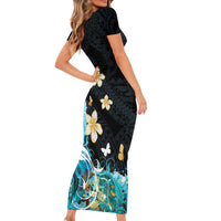 Blue Grunge Polynesian Pattern Family Matching Short Sleeve Bodycon Dress and Hawaiian Shirt Plumeria Floral LT01 - Polynesian Pride