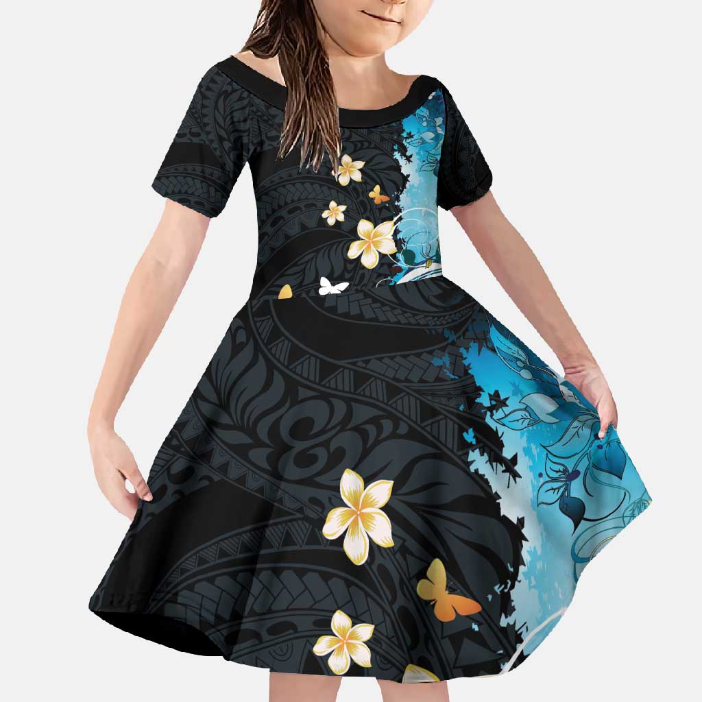 Blue Grunge Polynesian Pattern Family Matching Summer Maxi Dress and Hawaiian Shirt Plumeria Floral