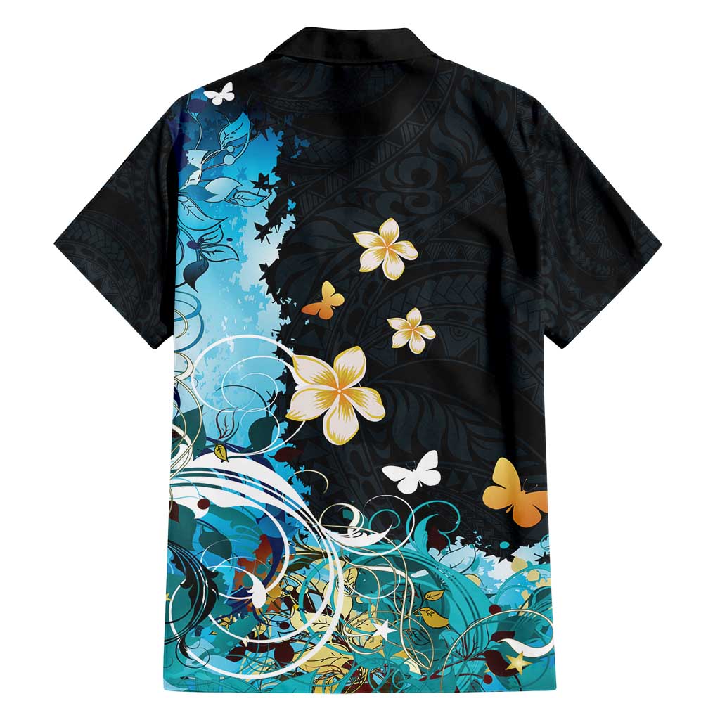 Blue Grunge Polynesian Pattern Family Matching Summer Maxi Dress and Hawaiian Shirt Plumeria Floral