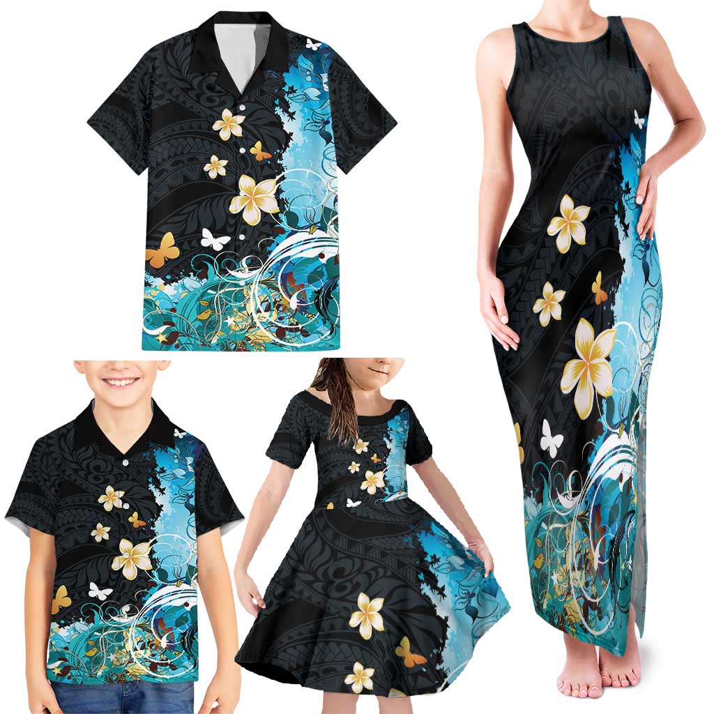 Blue Grunge Polynesian Pattern Family Matching Tank Maxi Dress and Hawaiian Shirt Plumeria Floral LT01 - Polynesian Pride