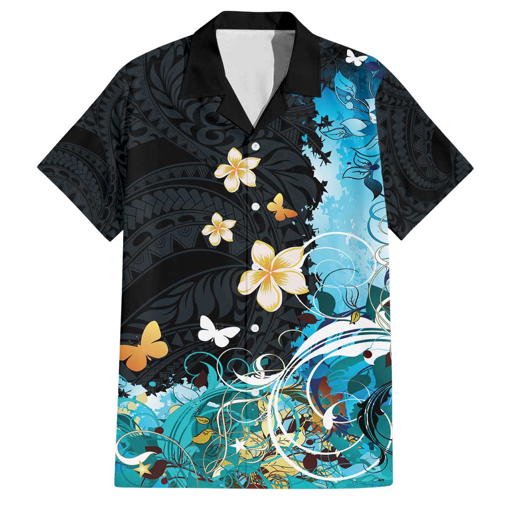 Blue Grunge Polynesian Pattern Family Matching Tank Maxi Dress and Hawaiian Shirt Plumeria Floral