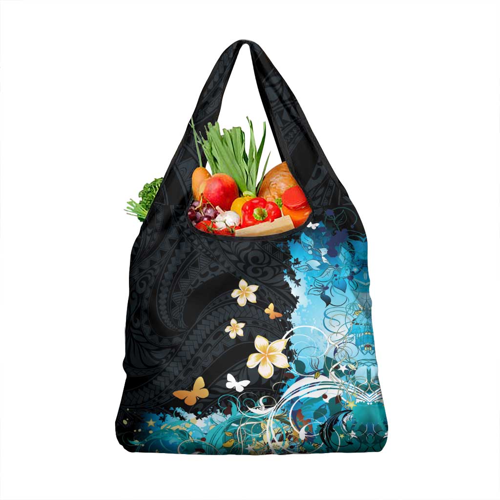 Blue Grunge Polynesian Pattern Grocery Bag Plumeria Floral LT01 1-pack One Size Blue - Polynesian Pride