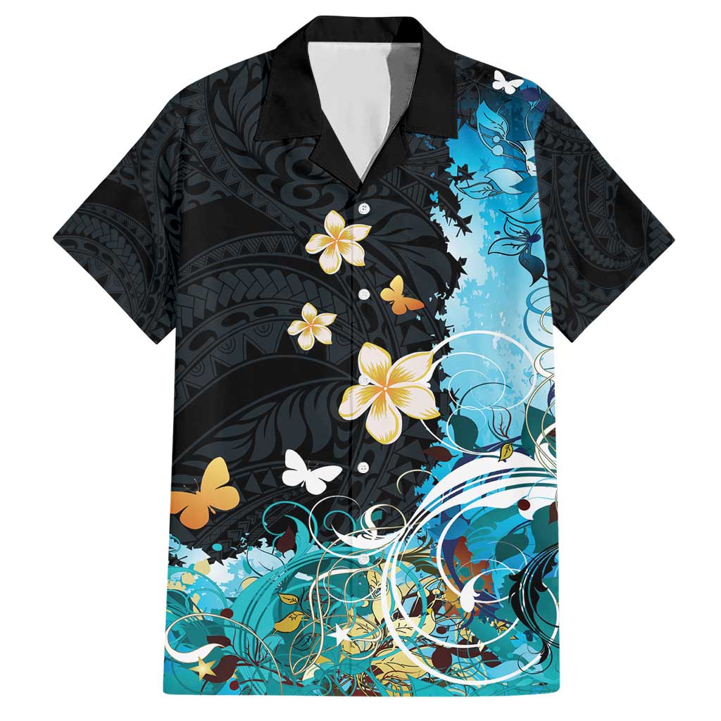 Blue Grunge Polynesian Pattern Hawaiian Shirt Plumeria Floral
