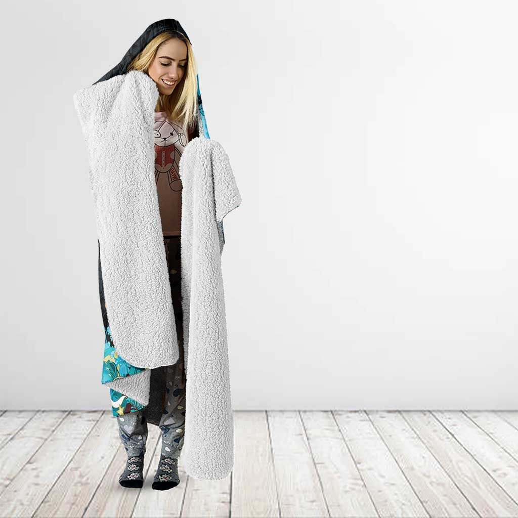 Blue Grunge Polynesian Pattern Hooded Blanket Plumeria Floral