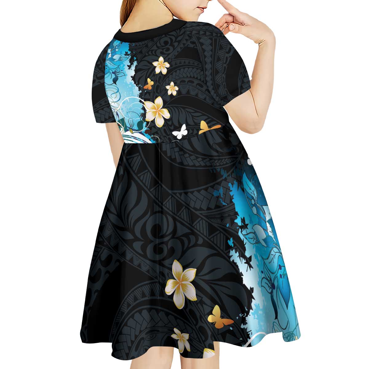 Blue Grunge Polynesian Pattern Kid Short Sleeve Dress Plumeria Floral
