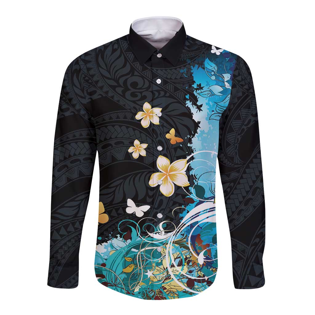 Blue Grunge Polynesian Pattern Long Sleeve Button Shirt Plumeria Floral