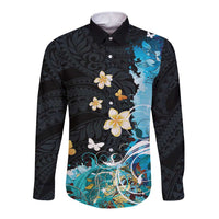 Blue Grunge Polynesian Pattern Long Sleeve Button Shirt Plumeria Floral