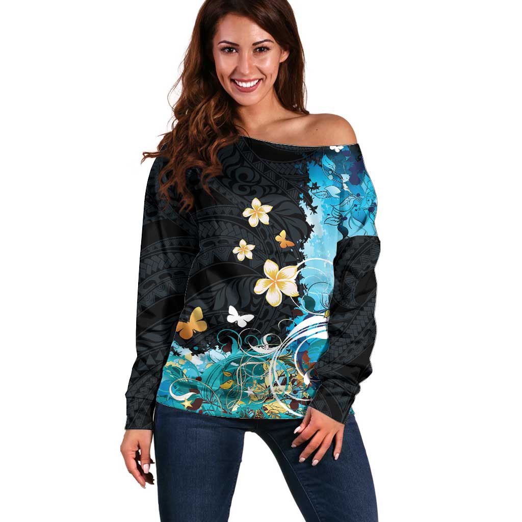 Blue Grunge Polynesian Pattern Off Shoulder Sweater Plumeria Floral LT01 Women Blue - Polynesian Pride