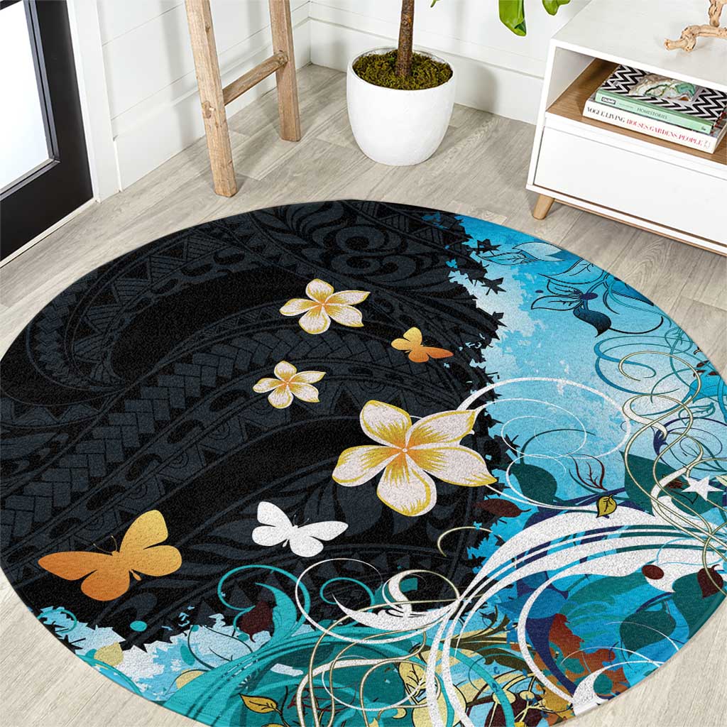 Blue Grunge Polynesian Pattern Round Carpet Plumeria Floral LT01 Blue - Polynesian Pride