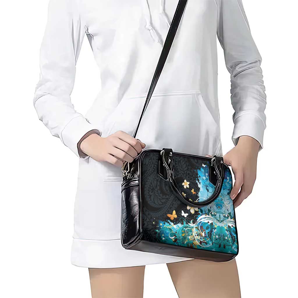 Blue Grunge Polynesian Pattern Shoulder Handbag Plumeria Floral