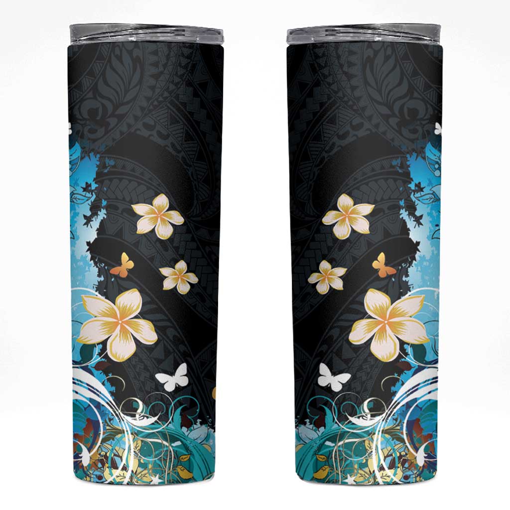 Blue Grunge Polynesian Pattern Skinny Tumbler Plumeria Floral LT01 Blue - Polynesian Pride