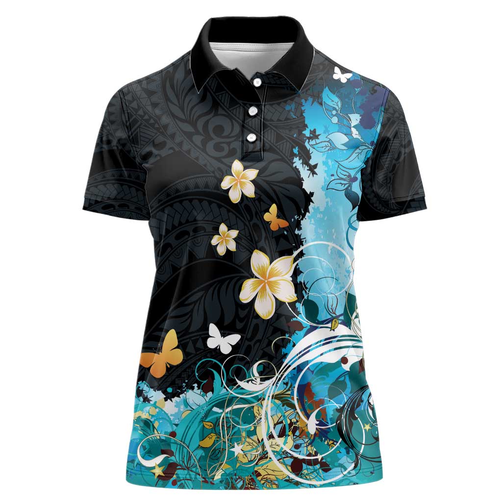 Blue Grunge Polynesian Pattern Women Polo Shirt Plumeria Floral LT01 Female Blue - Polynesian Pride