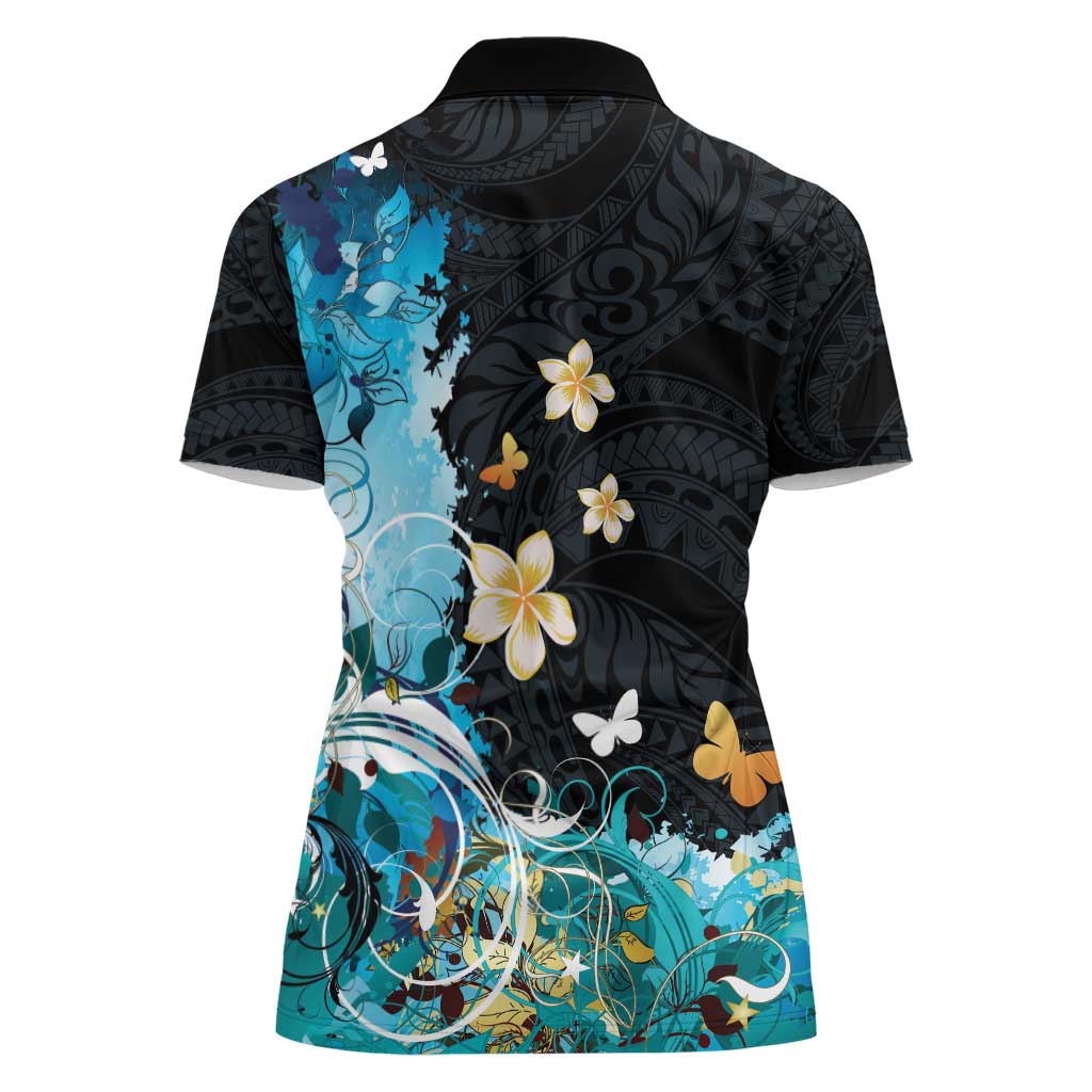 Blue Grunge Polynesian Pattern Women Polo Shirt Plumeria Floral LT01 - Polynesian Pride