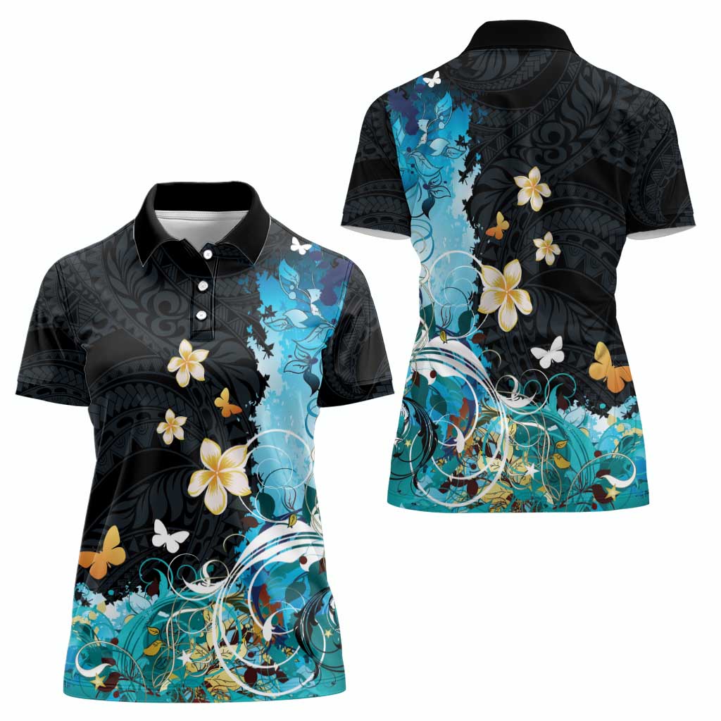Blue Grunge Polynesian Pattern Women Polo Shirt Plumeria Floral LT01 - Polynesian Pride