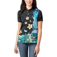 Blue Grunge Polynesian Pattern Women Polo Shirt Plumeria Floral LT01 - Polynesian Pride